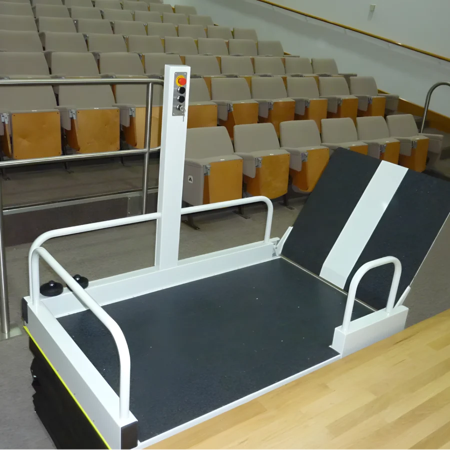Liftboy 1 2 3 low-rise lifting platform beside an indoor stage