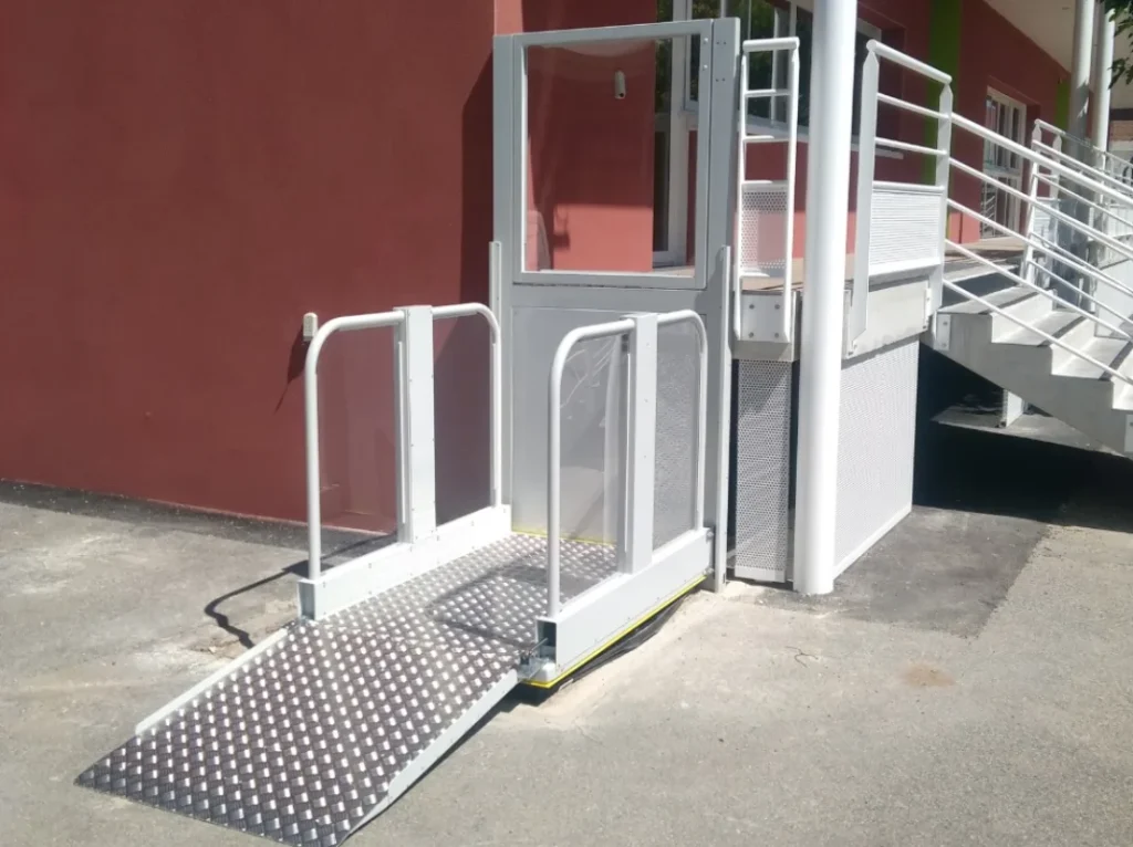 Liftboy 5 vertical platform lift installed outdoors with its access ramp open