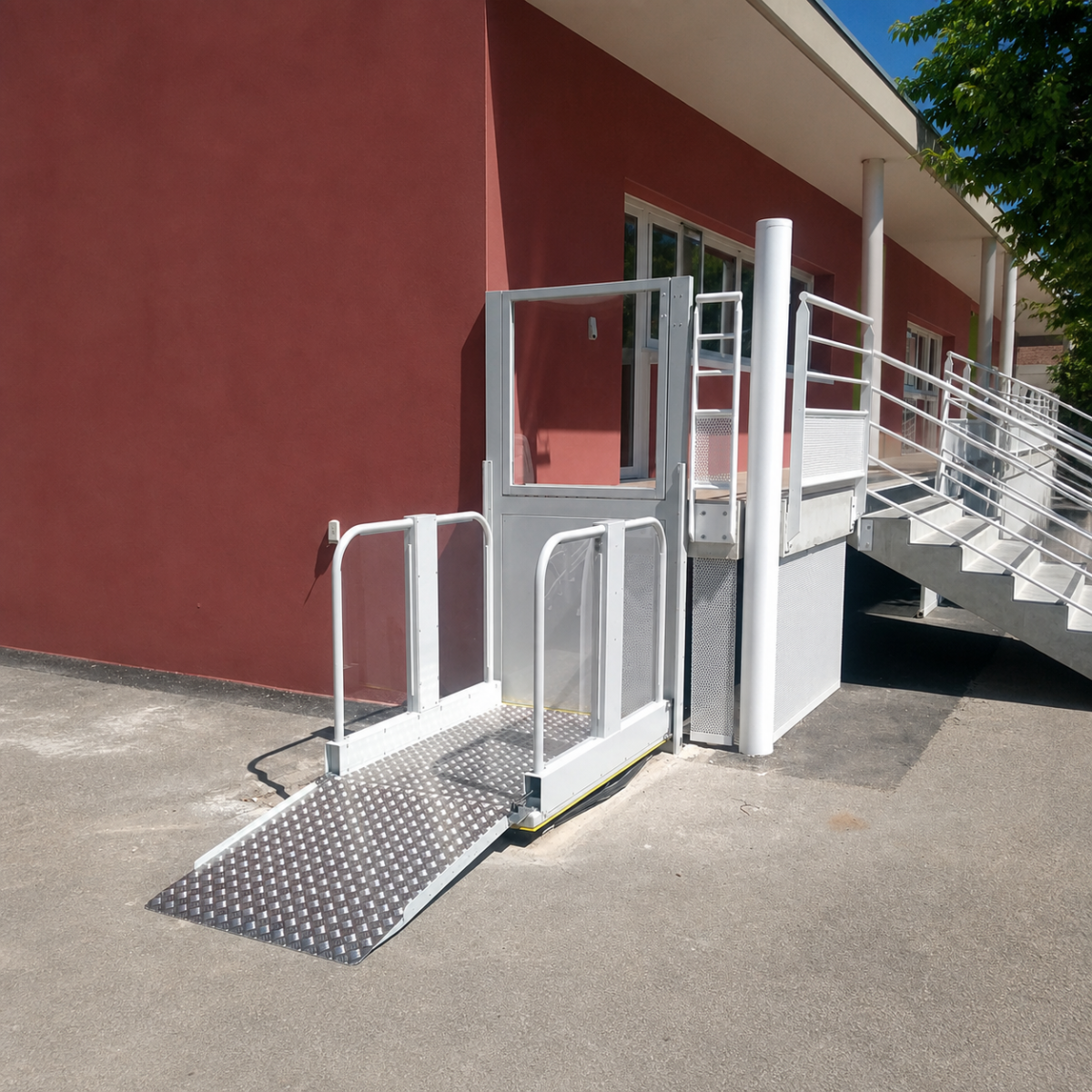 Liftboy 5 vertical platform lift installed outdoors with its access ramp open